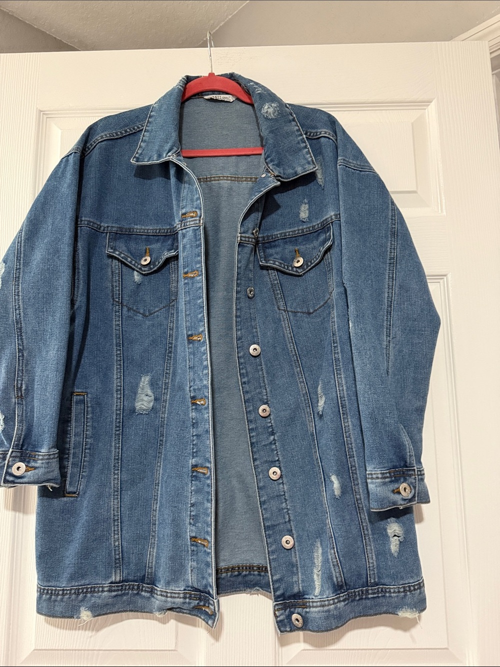 Oversized Distressed Blue Denim Jacket for Women